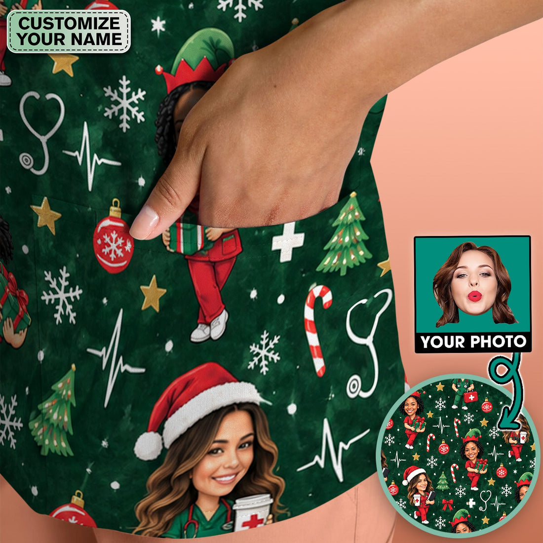 Personalized Christmas Photo Nurse Scrub Top