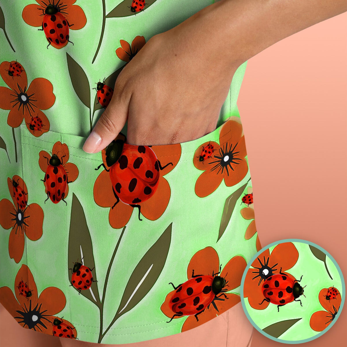 Ladybug Orange Floral Garden Nurse Scrub Top