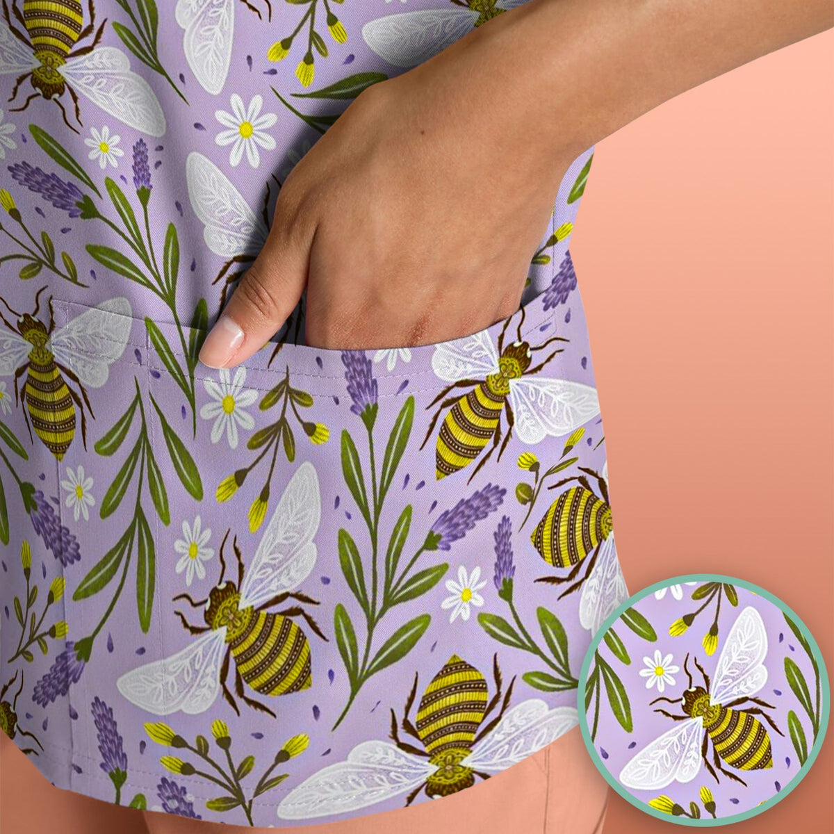 Lavender Bee Floral Nurse Scrub Top