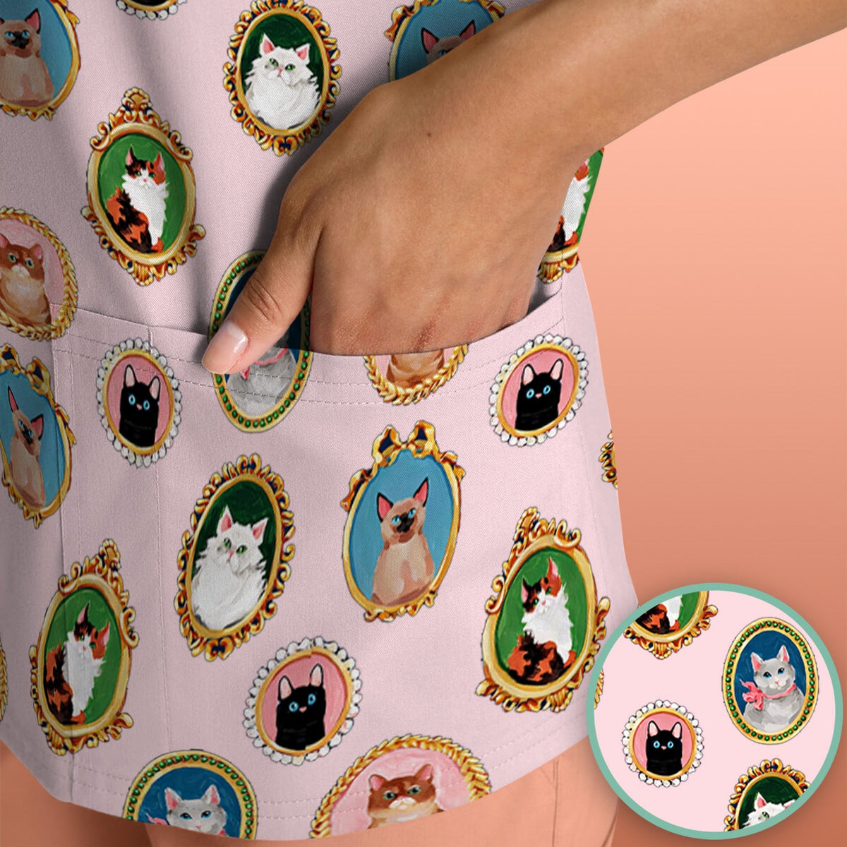 Vintage Cat Portrait Nurse Scrub Top