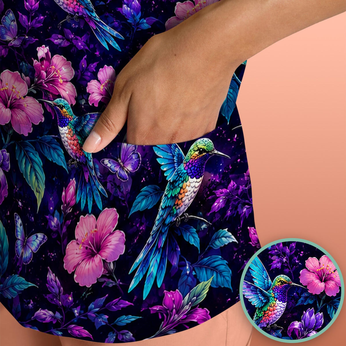 Vibrant Hummingbird Hibiscus Blossom Nurse Scrub Top