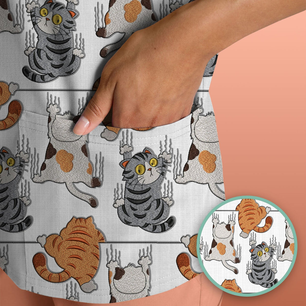 Cute Cat Pattern Nurse Scrub Top, Cats Medical Pattern Shirt, Breathable Fabrics Nursing Uniform