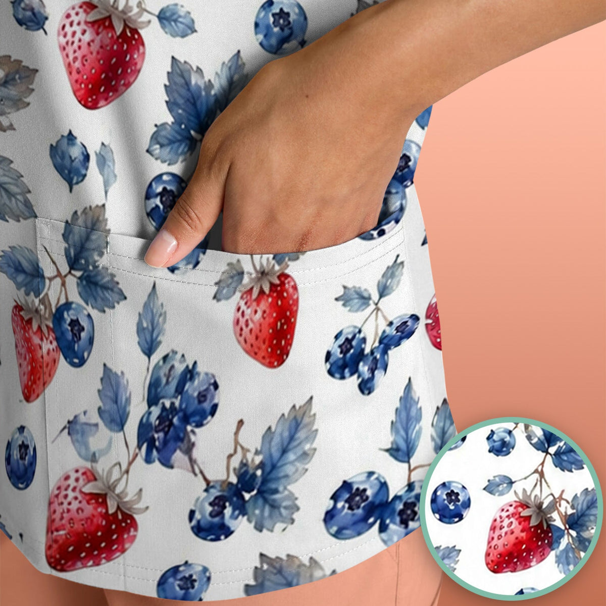 Cute Strawberry & Blueberry Leaf Pattern Scrub Top, Comfortable Scrubs for Nurses