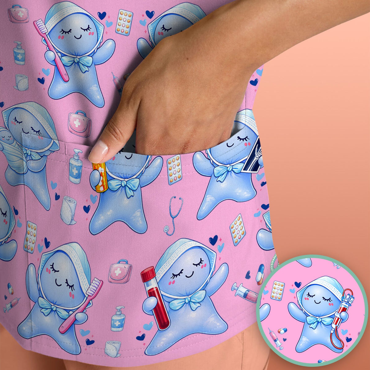 Dental Tooth Character Nurse Scrub Top