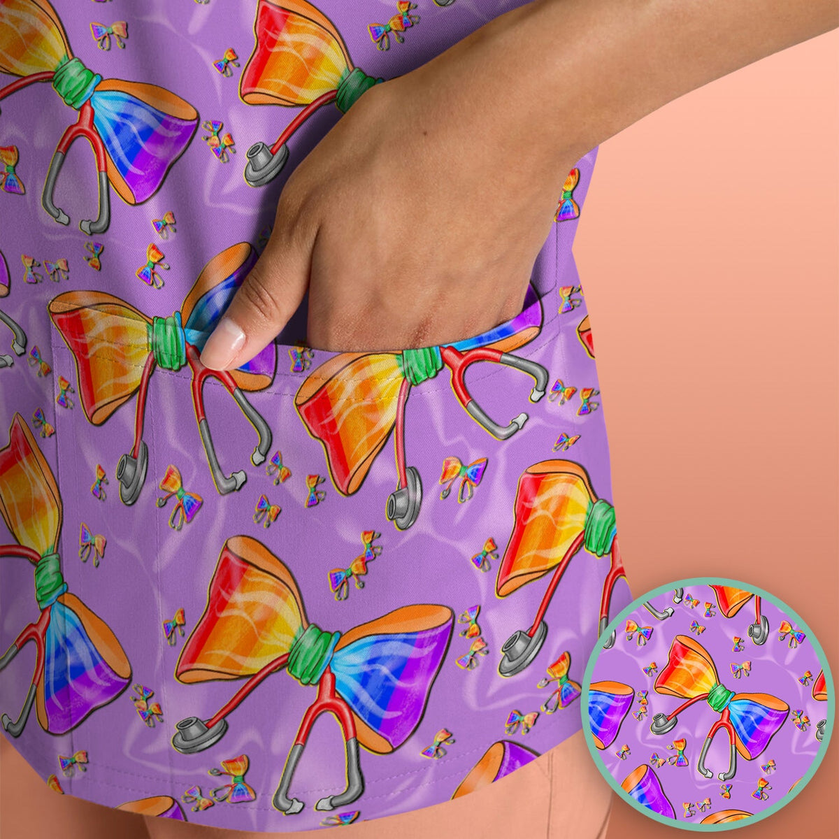 Colorful Rainbow Bow Stethoscope Nurse Scrub Top