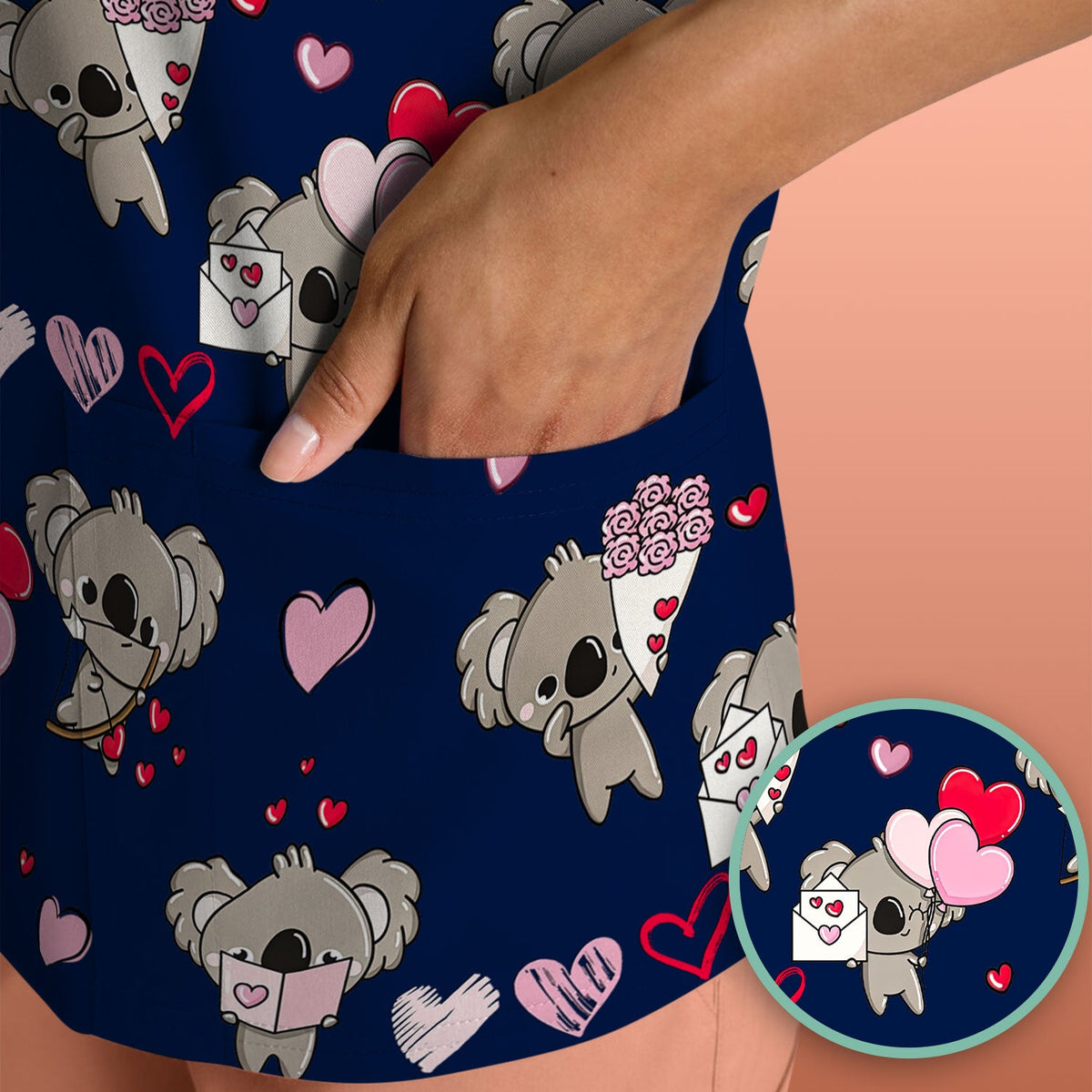 Valentine Koala Holding Flowers Cute Print Scrub Top, Comfortable Scrubs for Nurses