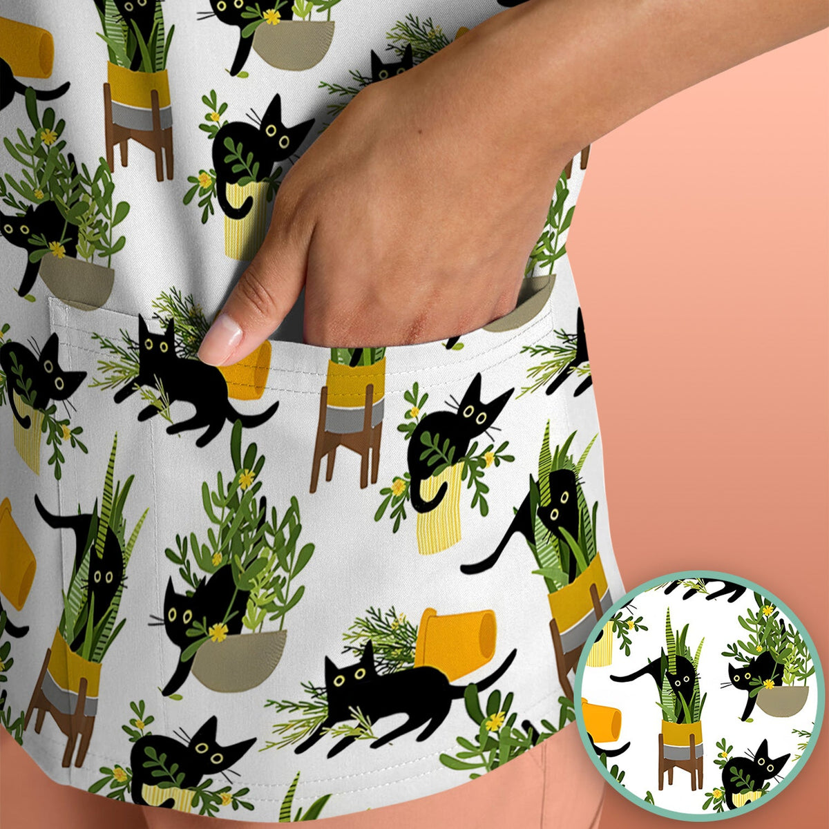 Black Cat Plant Pots Nurse Scrub Top