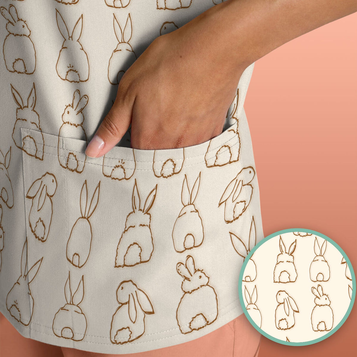 Cartoon Bunny Line Art Nurse Scrub Top - Easter Gift