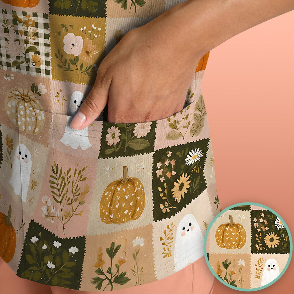 Halloween Ghost Pumpkin Patchwork Nurse Scrub Top