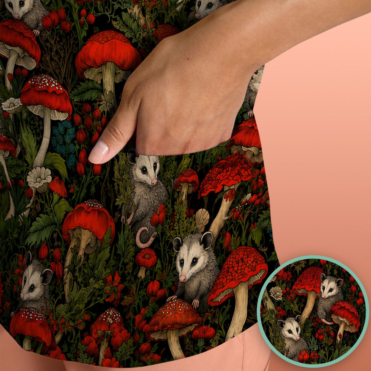 Woodland Opossum Red Mushroom Nurse Scrub Top