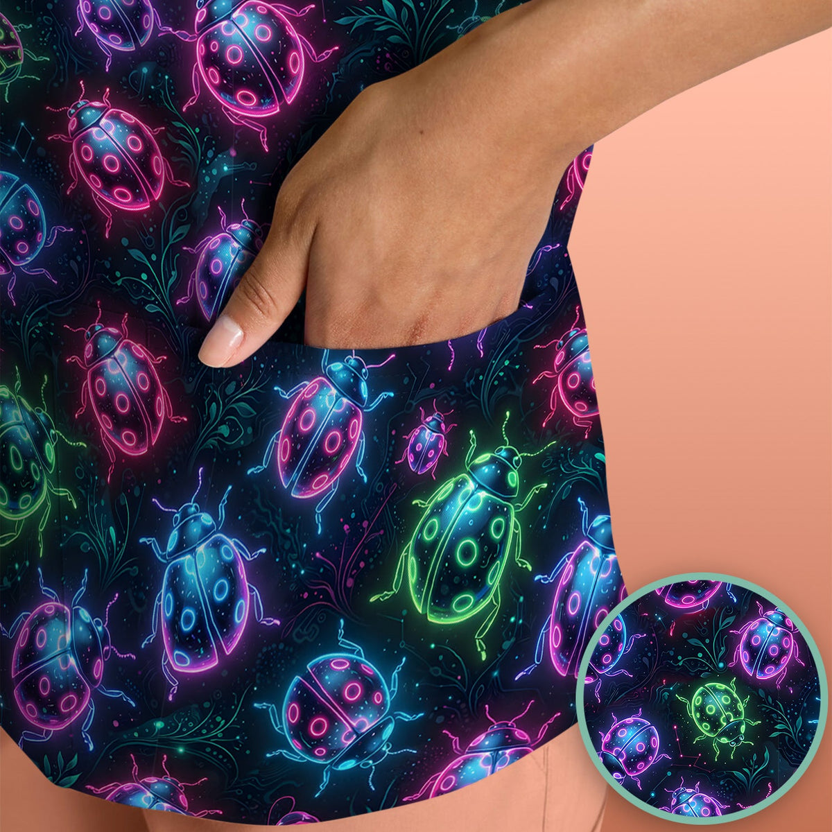 Colorful Neon Ladybug Nurse Scrub Top