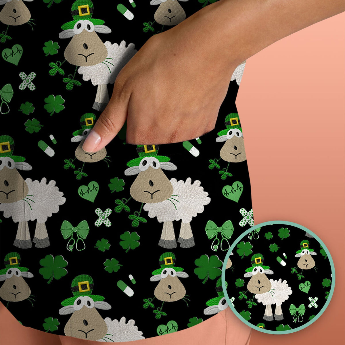 Nurse St. Patrick's Day Scrubs Top, Cute Sheep Shamrock Pattern Nurse Shirt, Breathable Fabrics Nursing Uniform