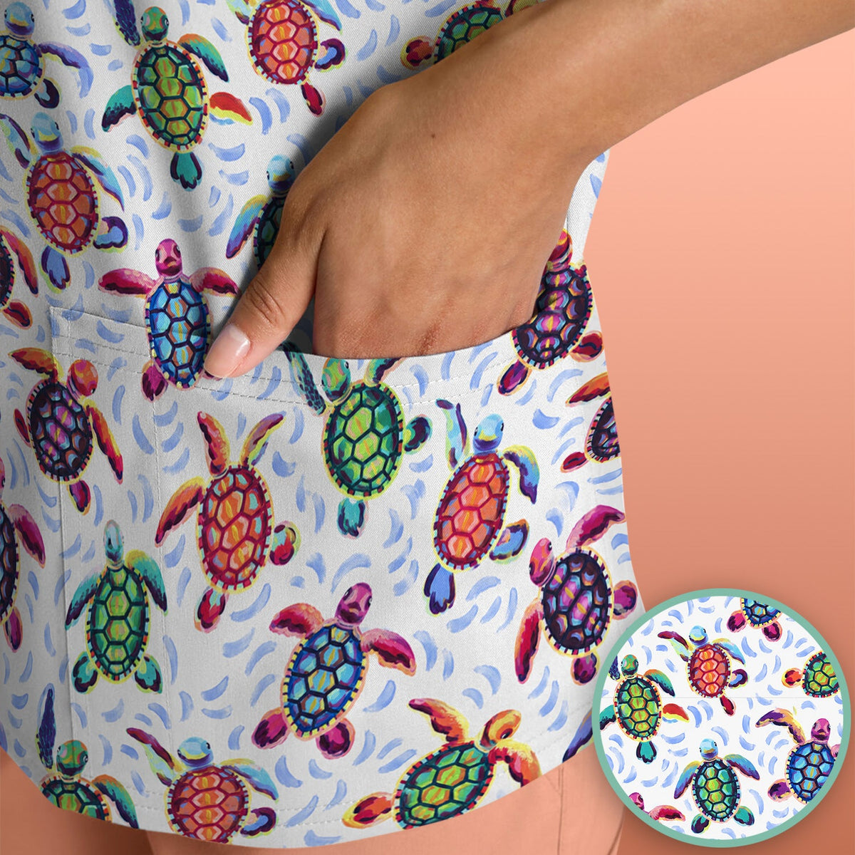 Colorful Sea Turtle Wave Nurse Scrub Top