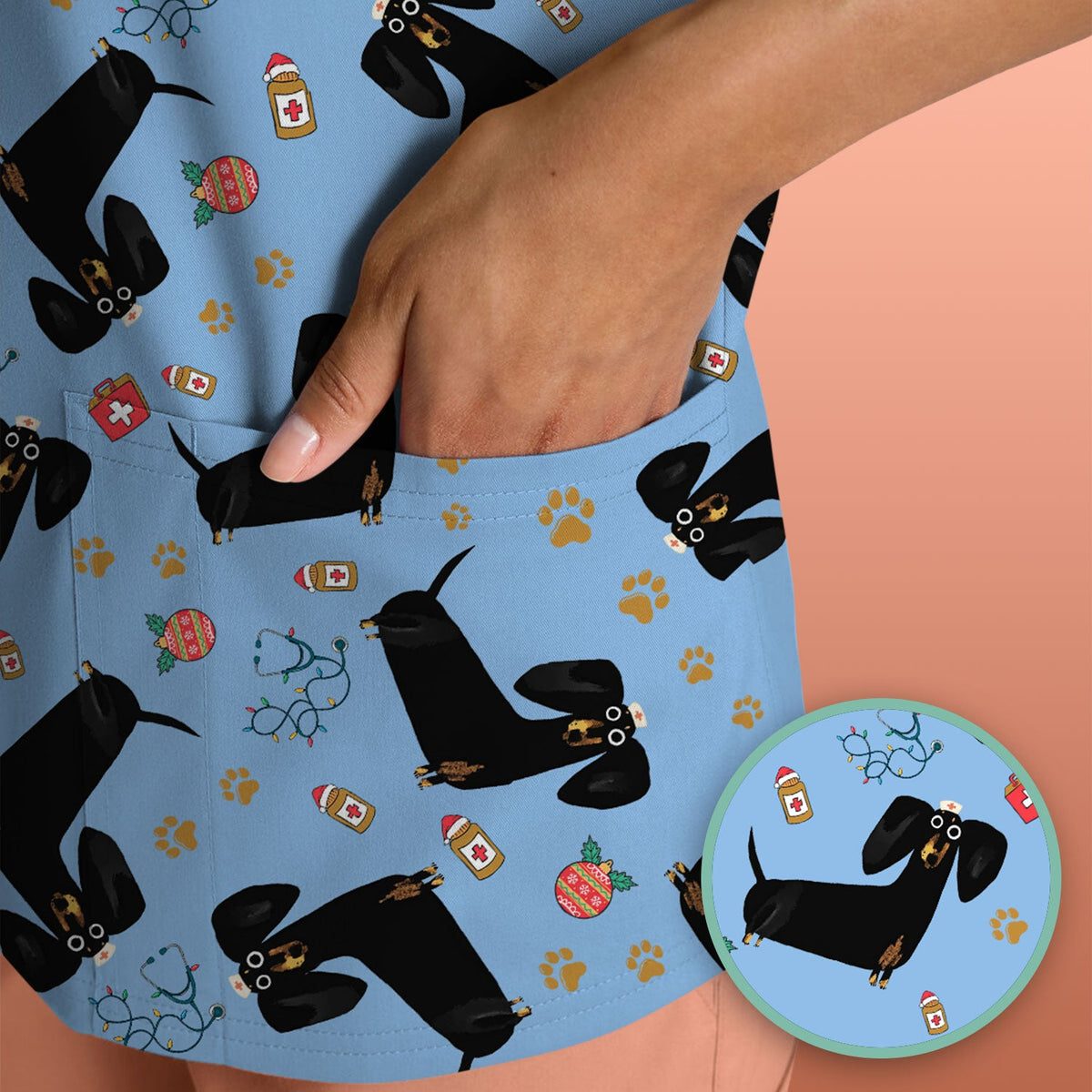 Black Dachshund Nurse Scrub Top - Gift For Dog Lover