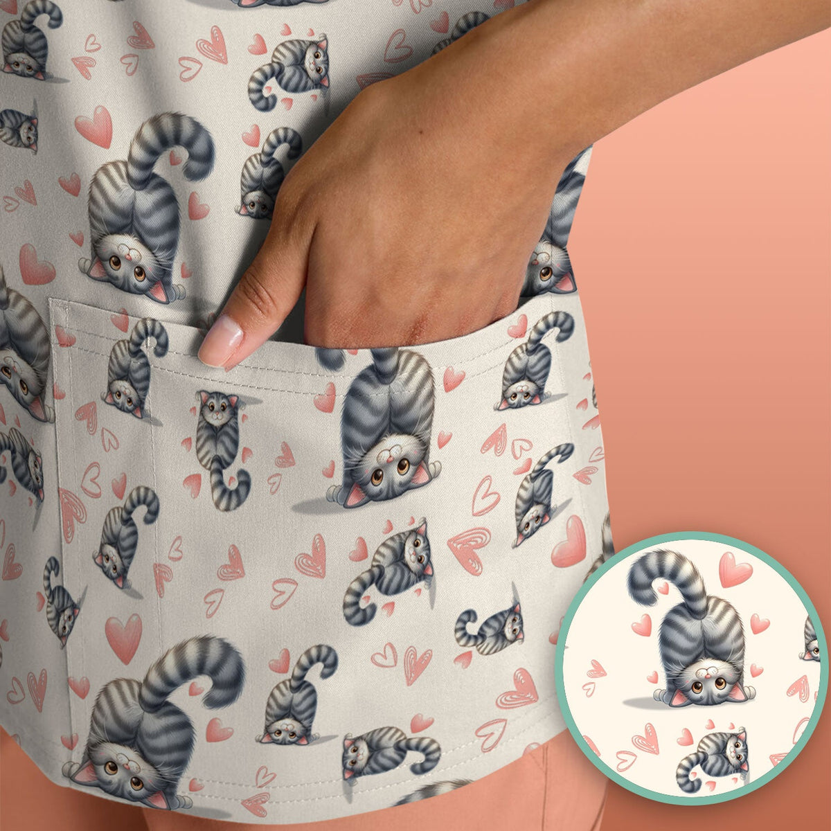 Valentine Cute Cat Scrub Top, Cat Heart Pattern Nurse Uniform, Comfortable Scrubs For Nurses