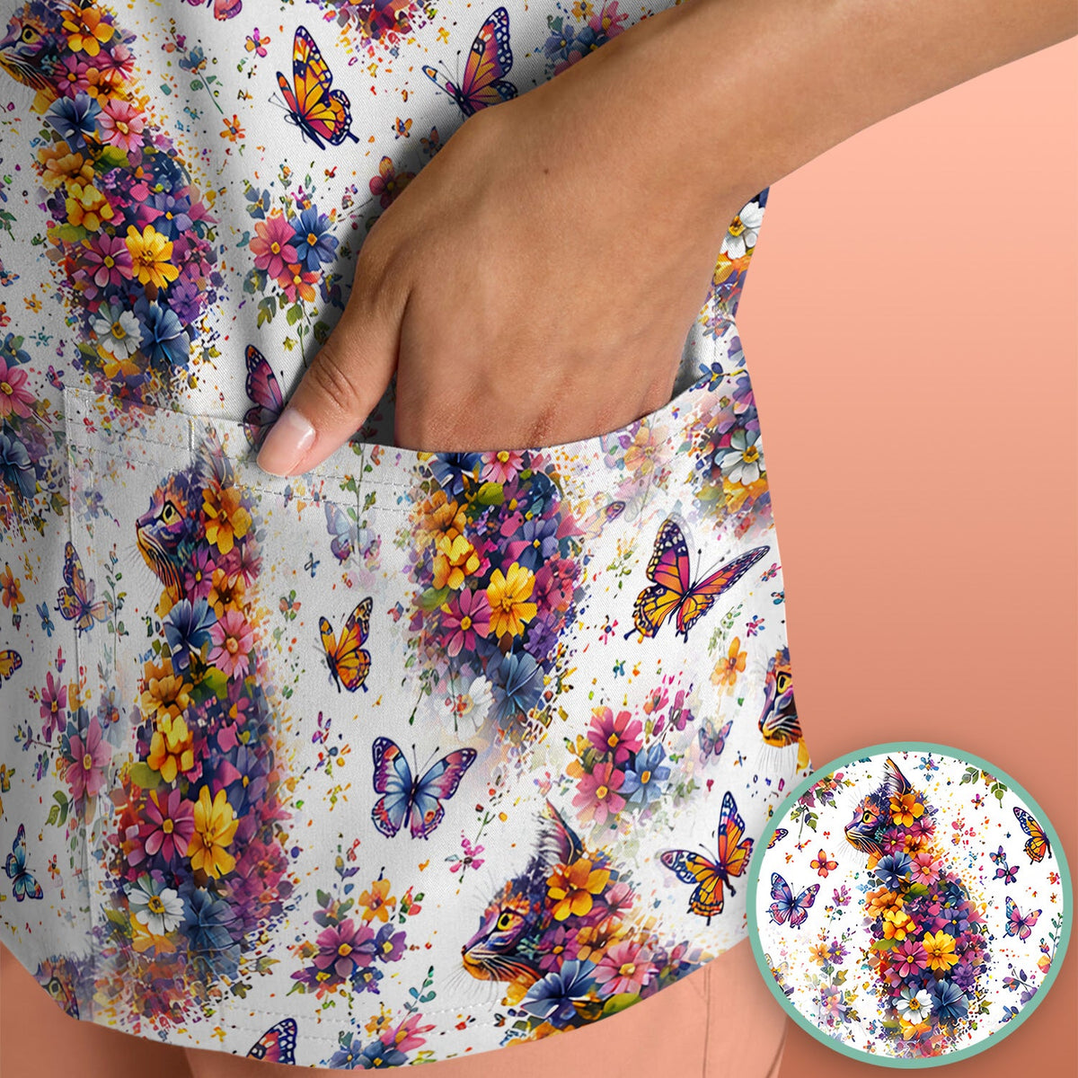 Floral Cat Butterfly Nurse Scrub Top