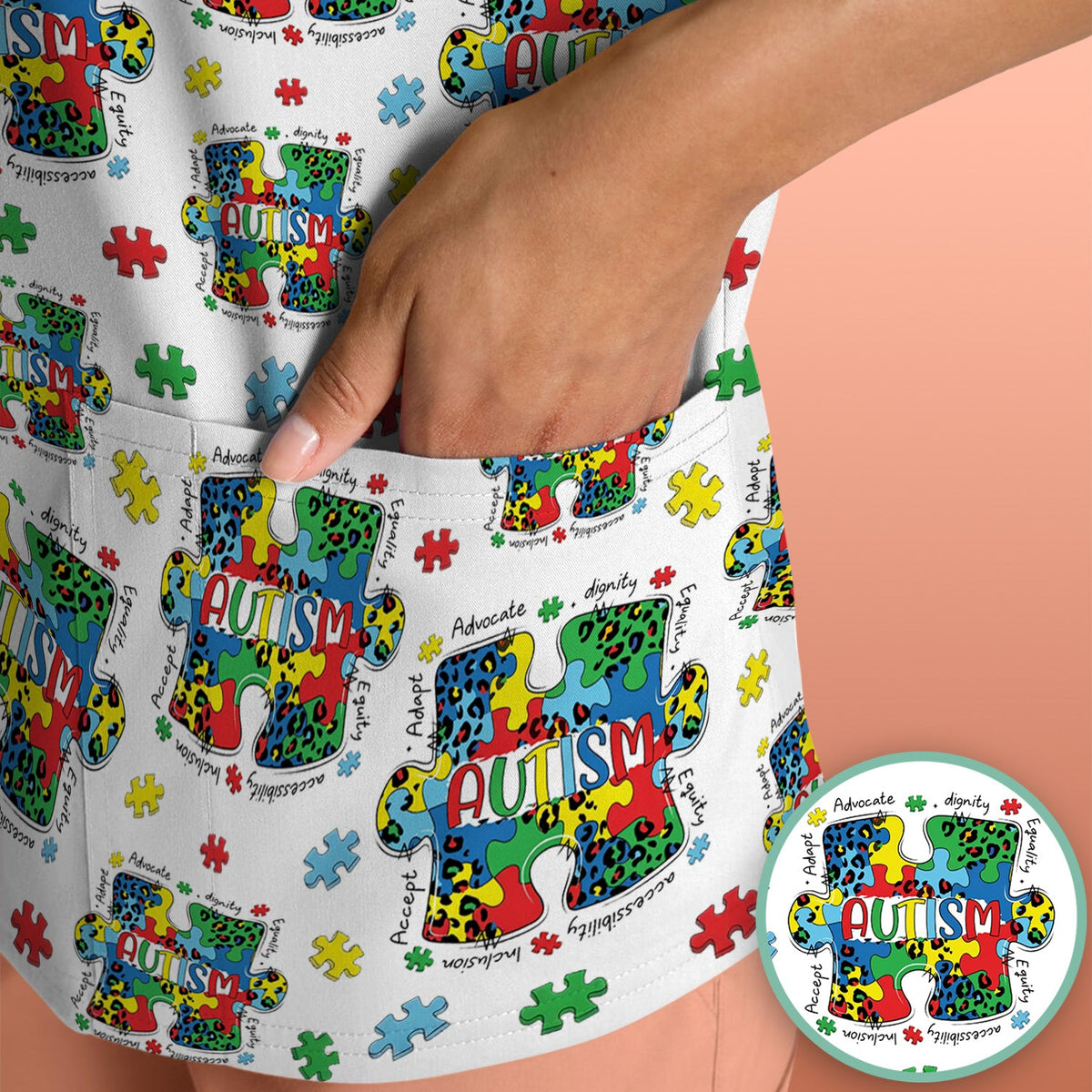 Autism Awareness Puzzle Black White Nurse Scrub Top