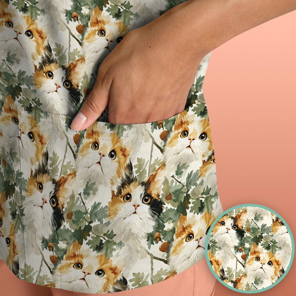 Fluffy Calico Cat Oak Leaves Nurse Scrub Top