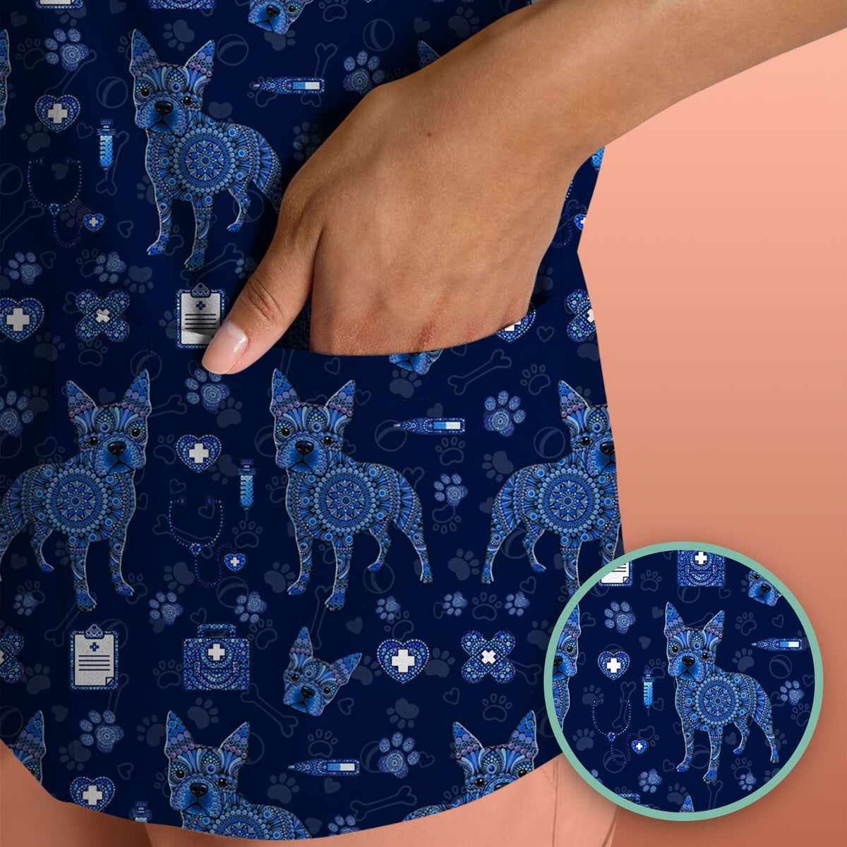 Blue Heeler Australian Cattle Dog Scrub Top, Australia Dot Art Pattern Shirt, Breathable Fabrics Nursing Uniform