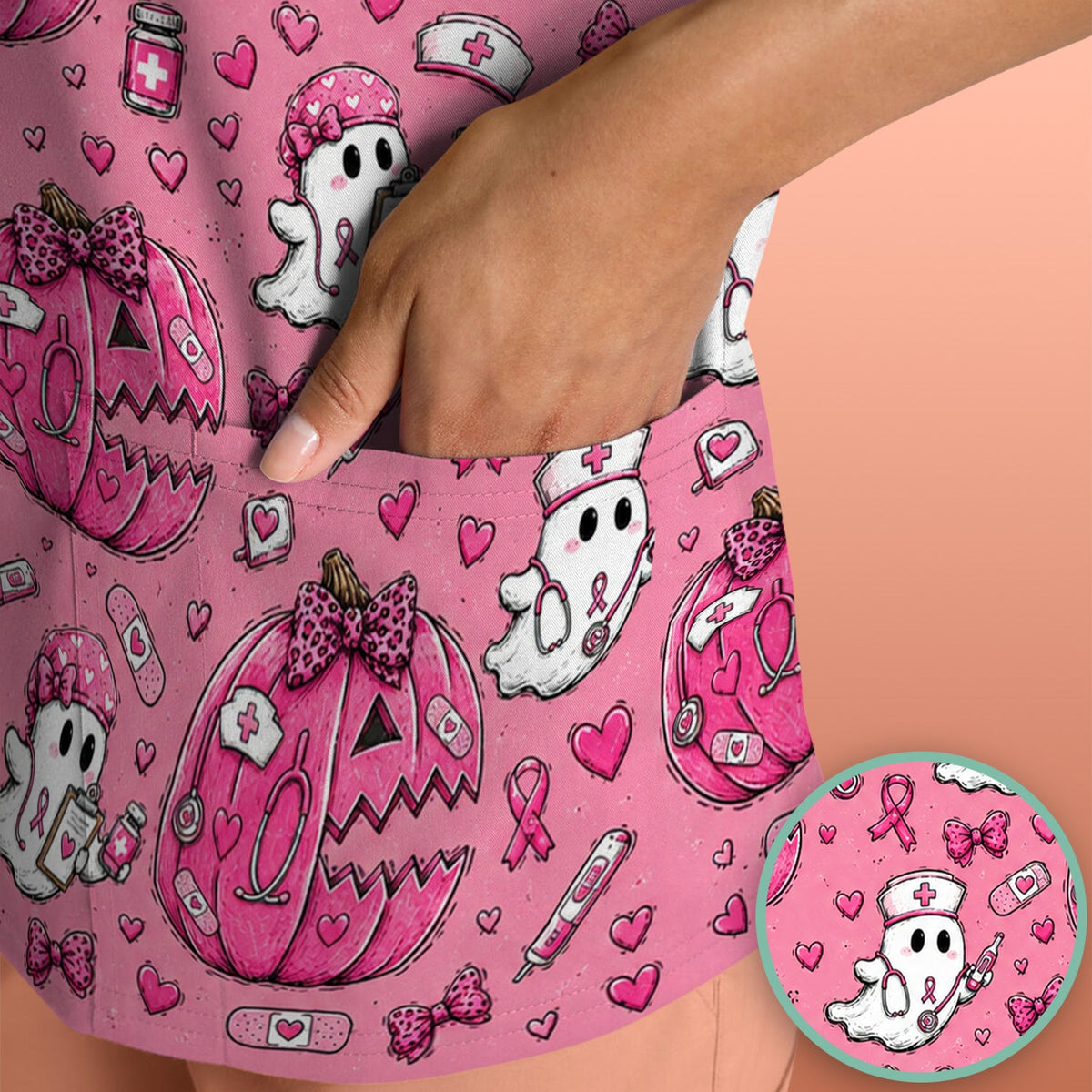 Pink Ribbon Ghost Pattern Nurse Scrub Top
