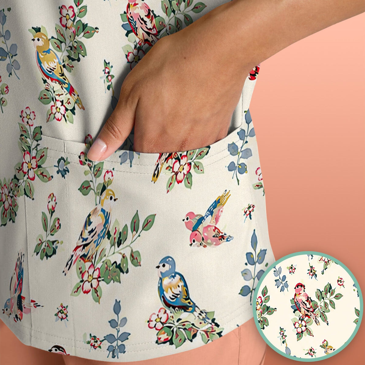 Vintage Birds Blossom Nurse Scrub Top
