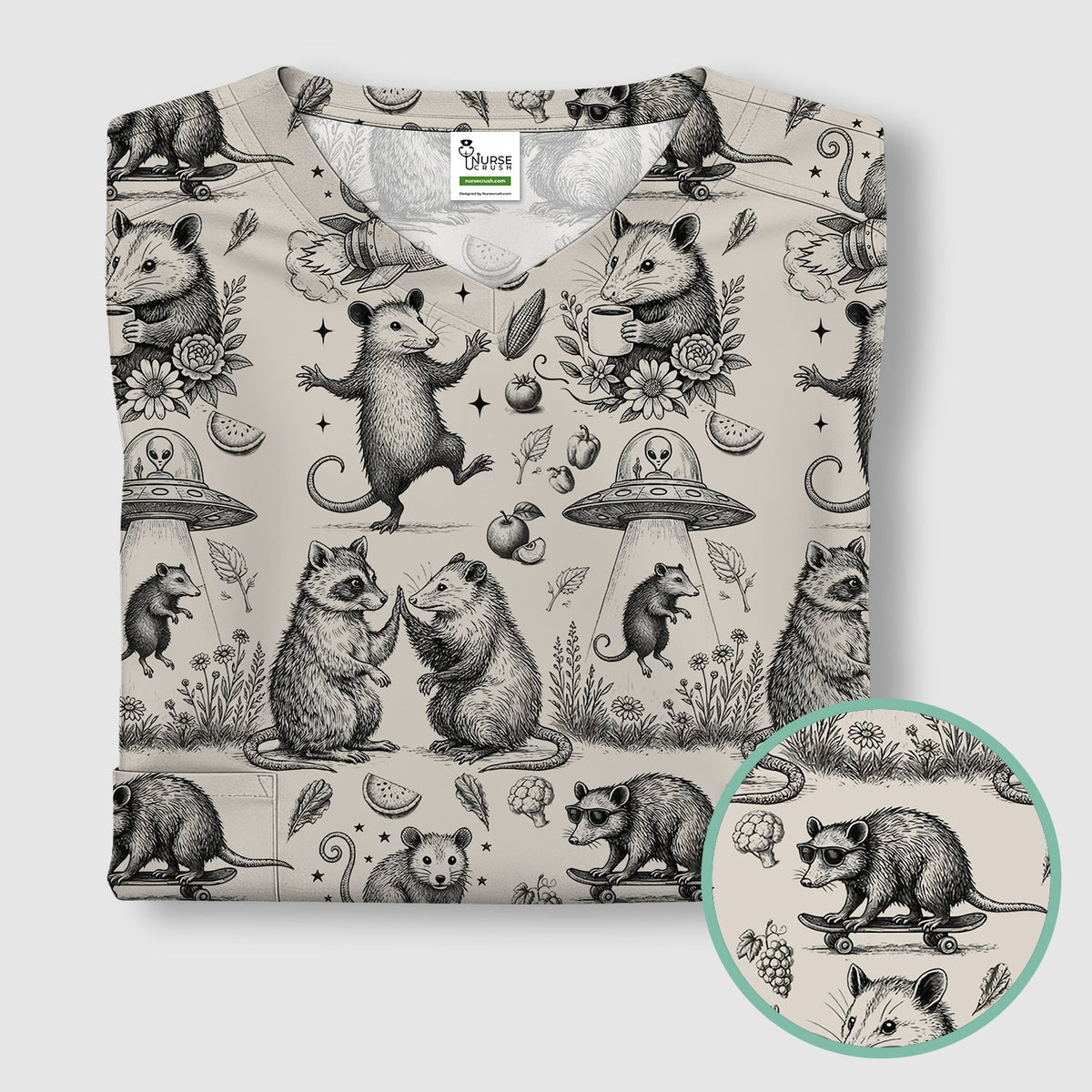 Funny Nurse Vintage Possum Raccoon High Five UFO Pattern Scrub Top, Breathable Fabrics Nursing Uniform