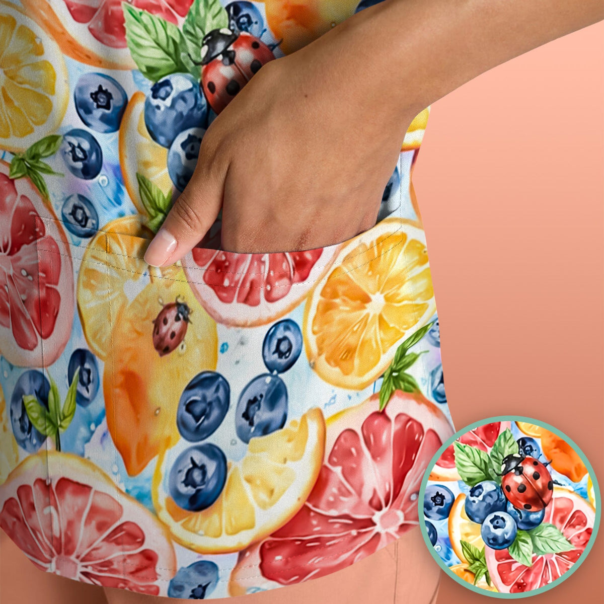Citrus Berry Ladybug Nurse Scrub Top