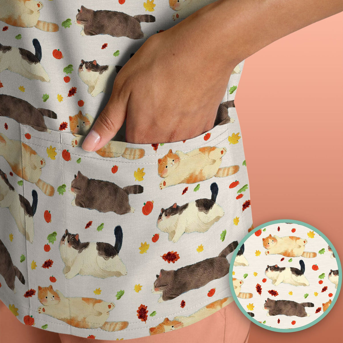 Chubby Cat Autumn Leaves Nurse Scrub Top