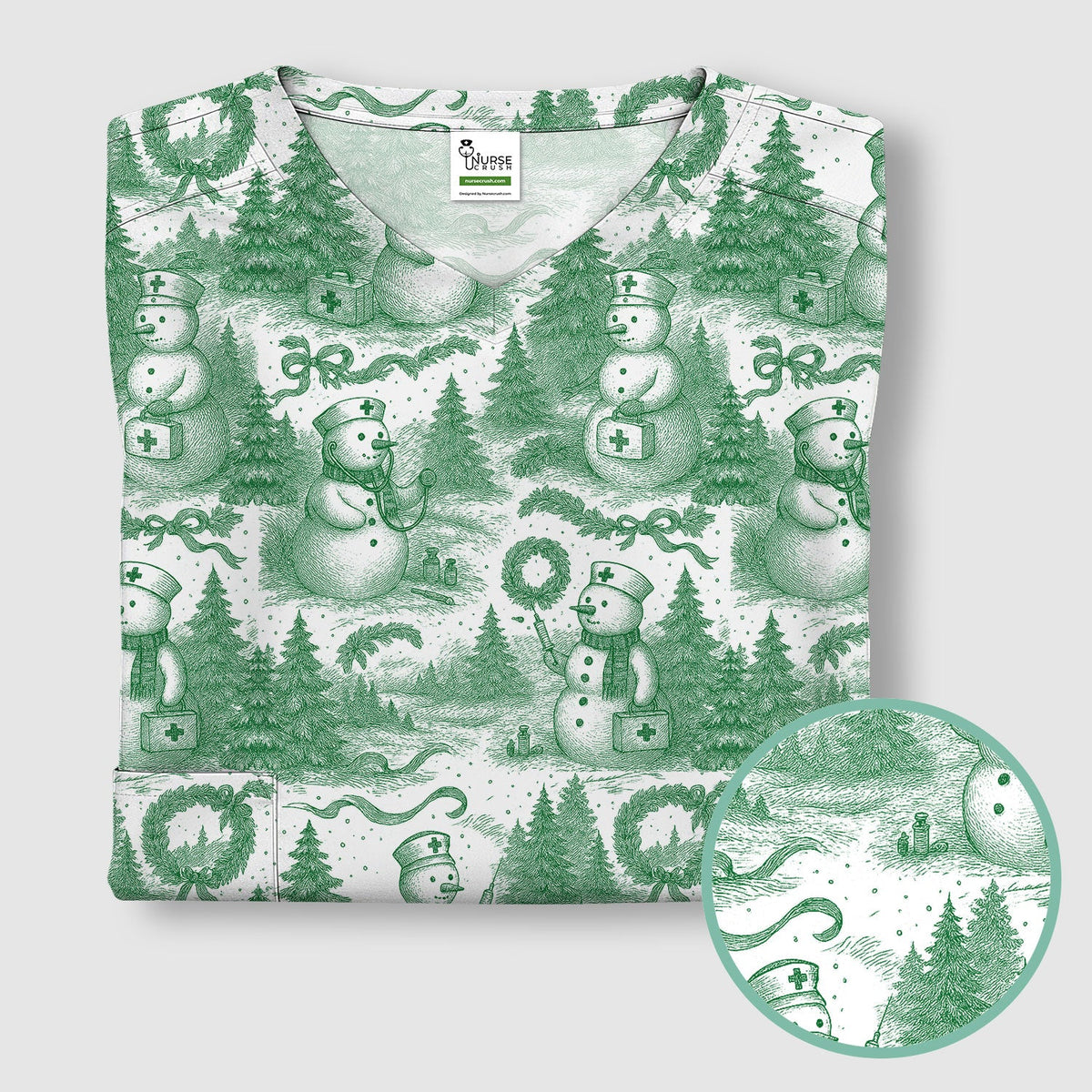 Christmas Scrub Top for Women – Toile de Jouy Snowman and Medical Pattern – Vintage Holiday Nurse Scrubs for Festive Season