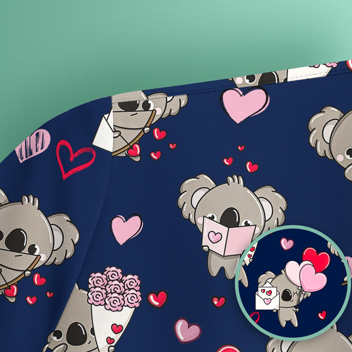 Valentine Koala Holding Flowers Cute Print Scrub Top, Comfortable Scrubs for Nurses