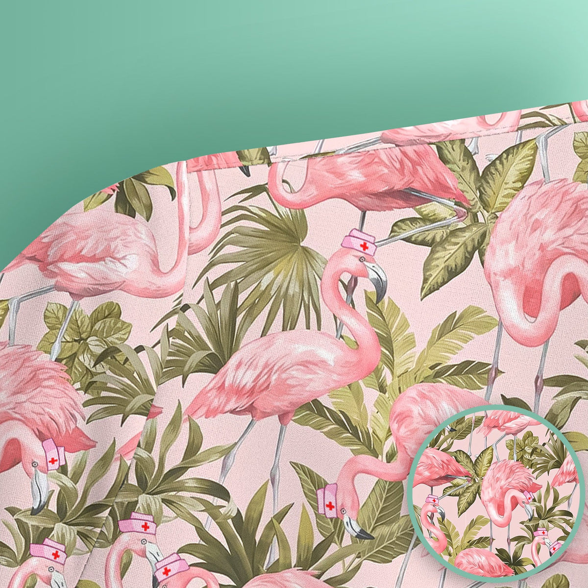 Pink Flamingo Jungle Leaves Nurse Scrub Top