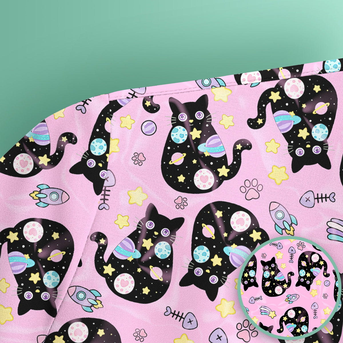 Galaxy Black Cat Space Nurse Scrub Top