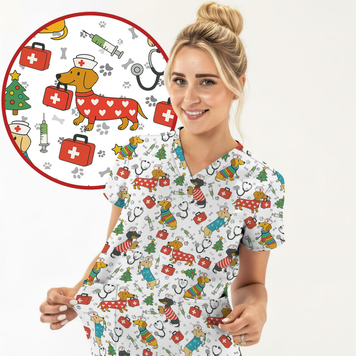 Christmas Dachshund Nurse Scrub Top