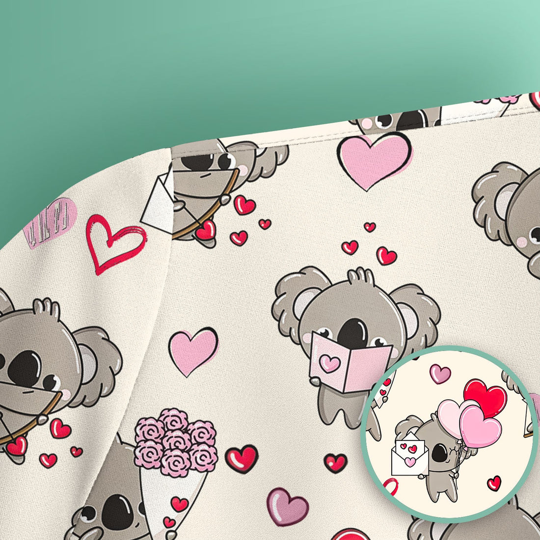 Valentine Koala Holding Flowers Cute Print Scrub Top, Comfortable Scrubs for Nurses
