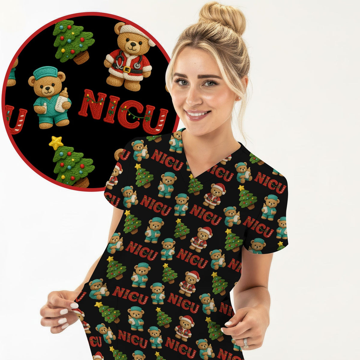 NICU Nurse Teddy Bear Scrub Top - Christmas Gift