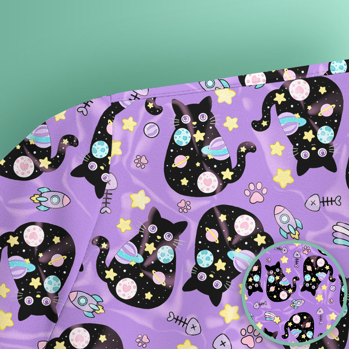 Galaxy Black Cat Space Nurse Scrub Top