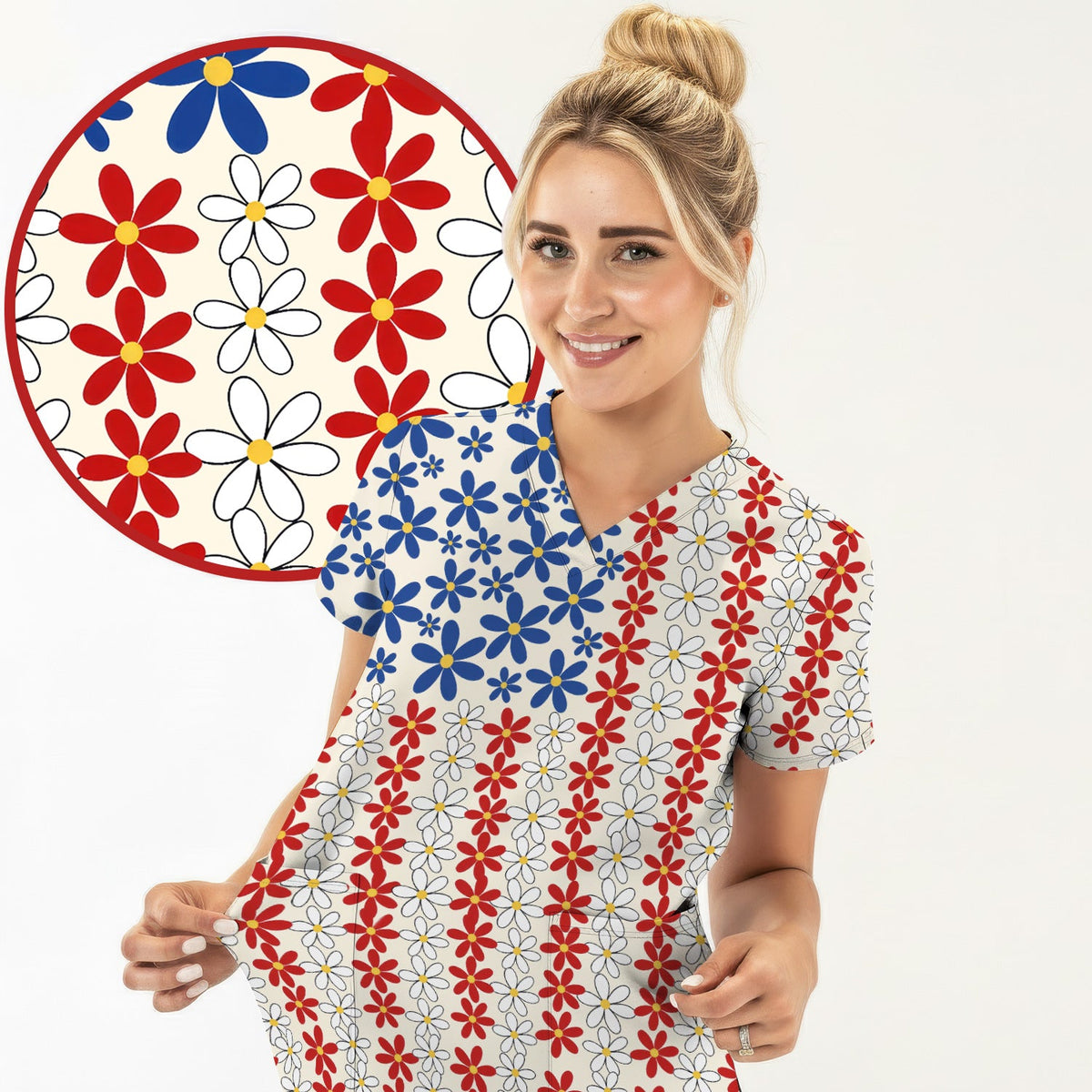 Retro Red Blue Daisy Nurse Scrub Top