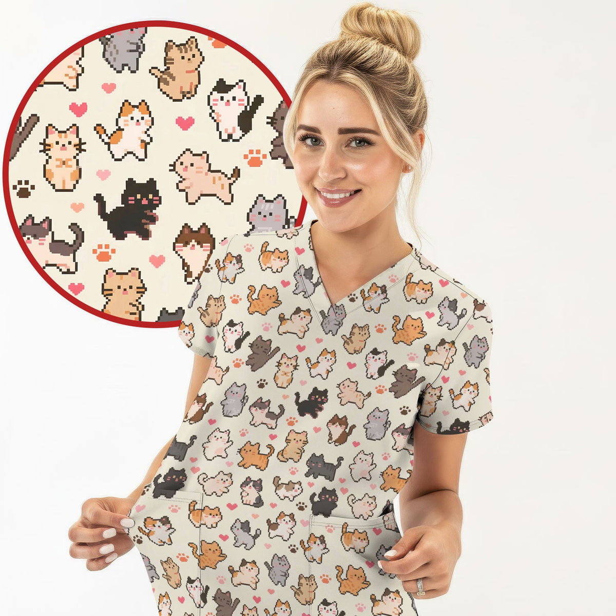 Pixel Cat Heart Paw Nurse Scrub Top