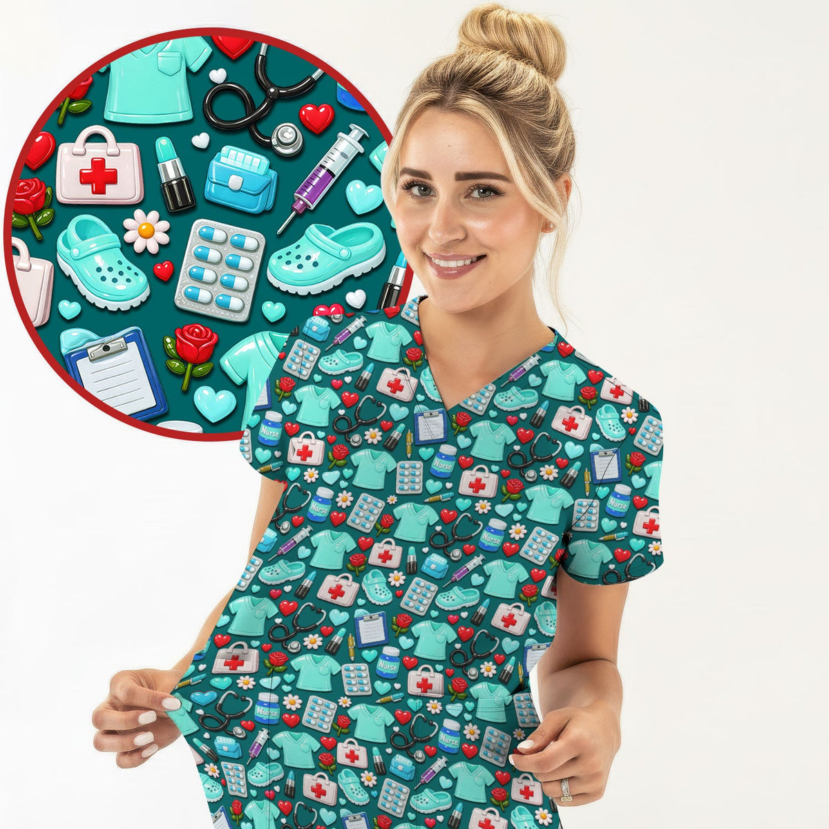 Medical Icons Scrub Top, Cute Pattern Nurse Shirt, Breathable Fabrics Nursing Uniform