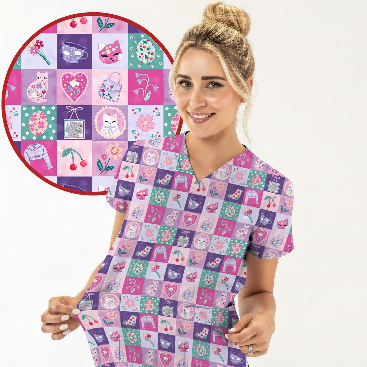 Pastel Cat Patchwork Kawaii Nurse Scrub Top