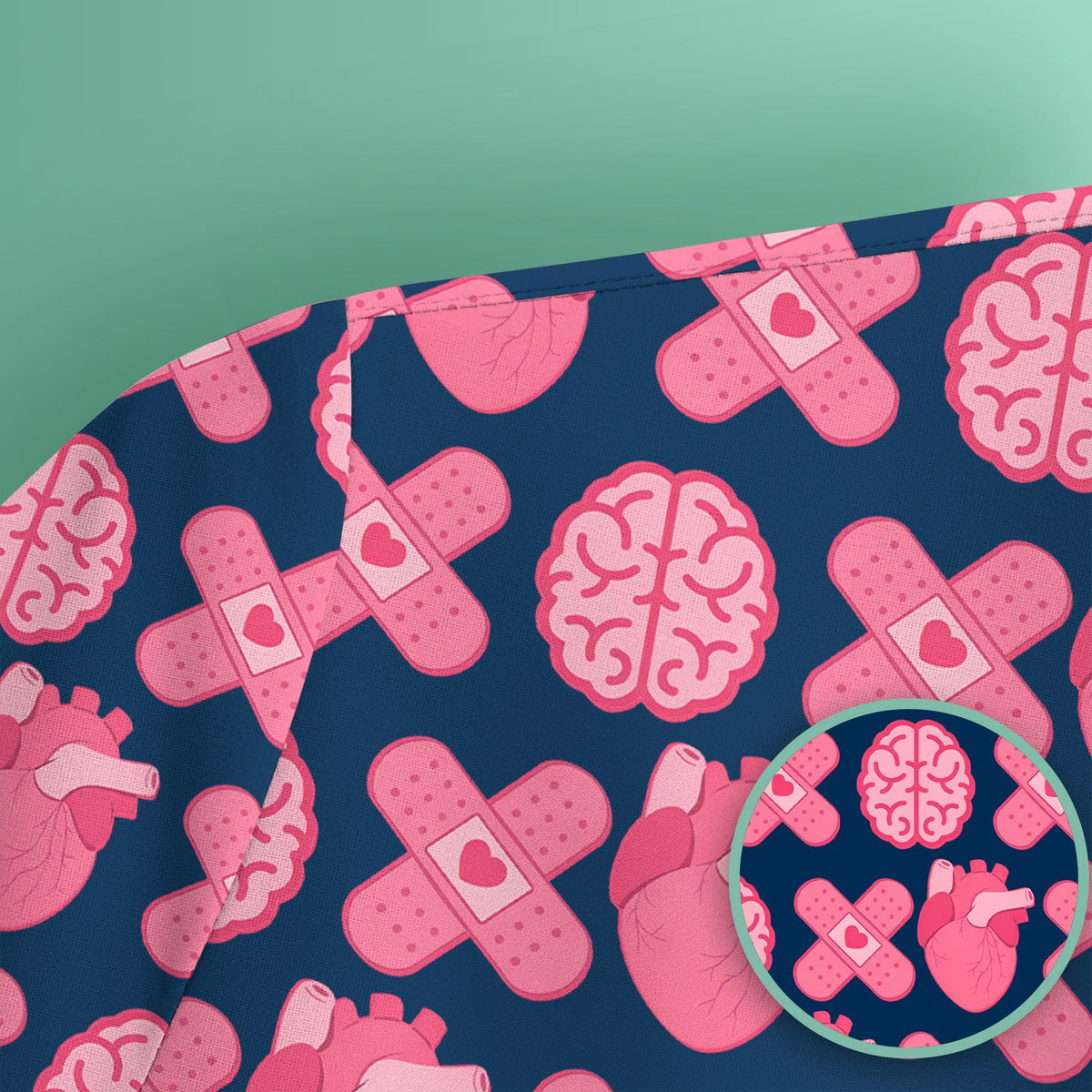 Heart & Brain Medical Icon Pattern Scrub Top, Breathable Fabrics Nursing Uniform