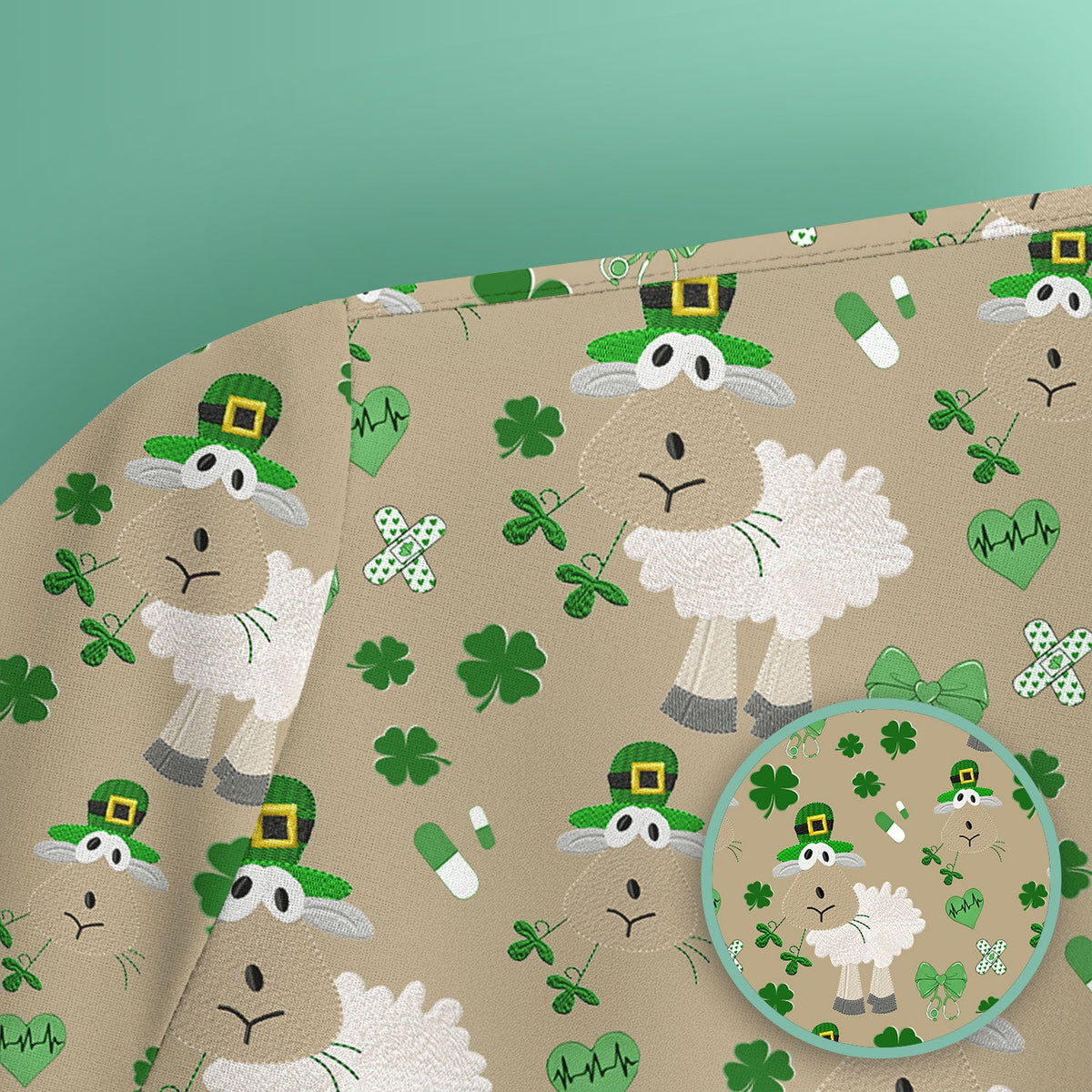 Nurse St. Patrick's Day Scrubs Top, Cute Sheep Shamrock Pattern Nurse Shirt, Breathable Fabrics Nursing Uniform