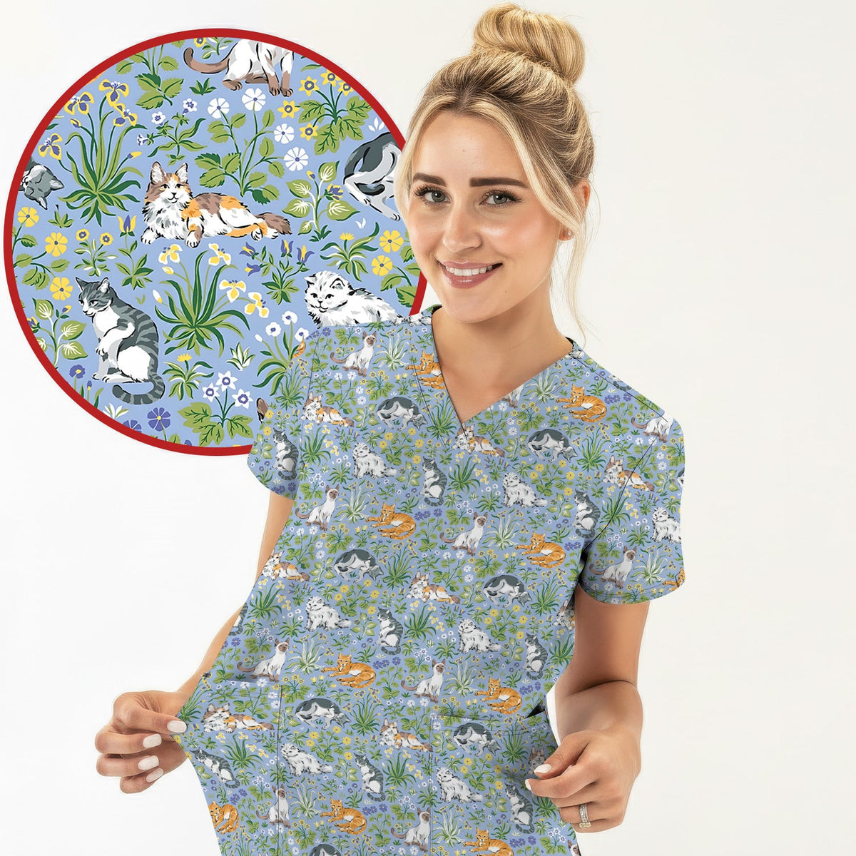 Floral Cat Garden Nurse Scrub Top