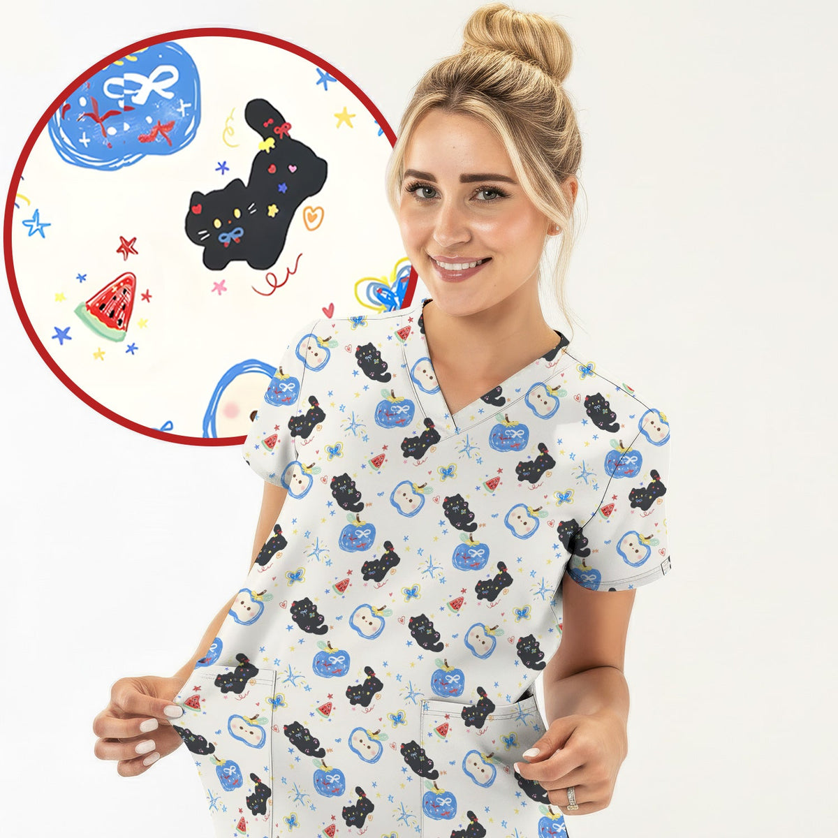 Cute Black Cat Apple Nurse Scrub Top