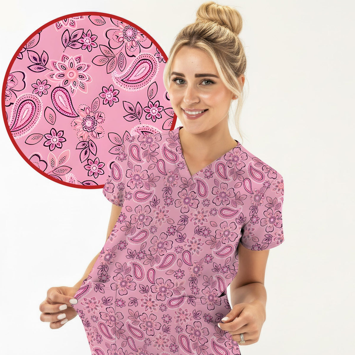 Pink Paisley Floral Nurse Scrub Top