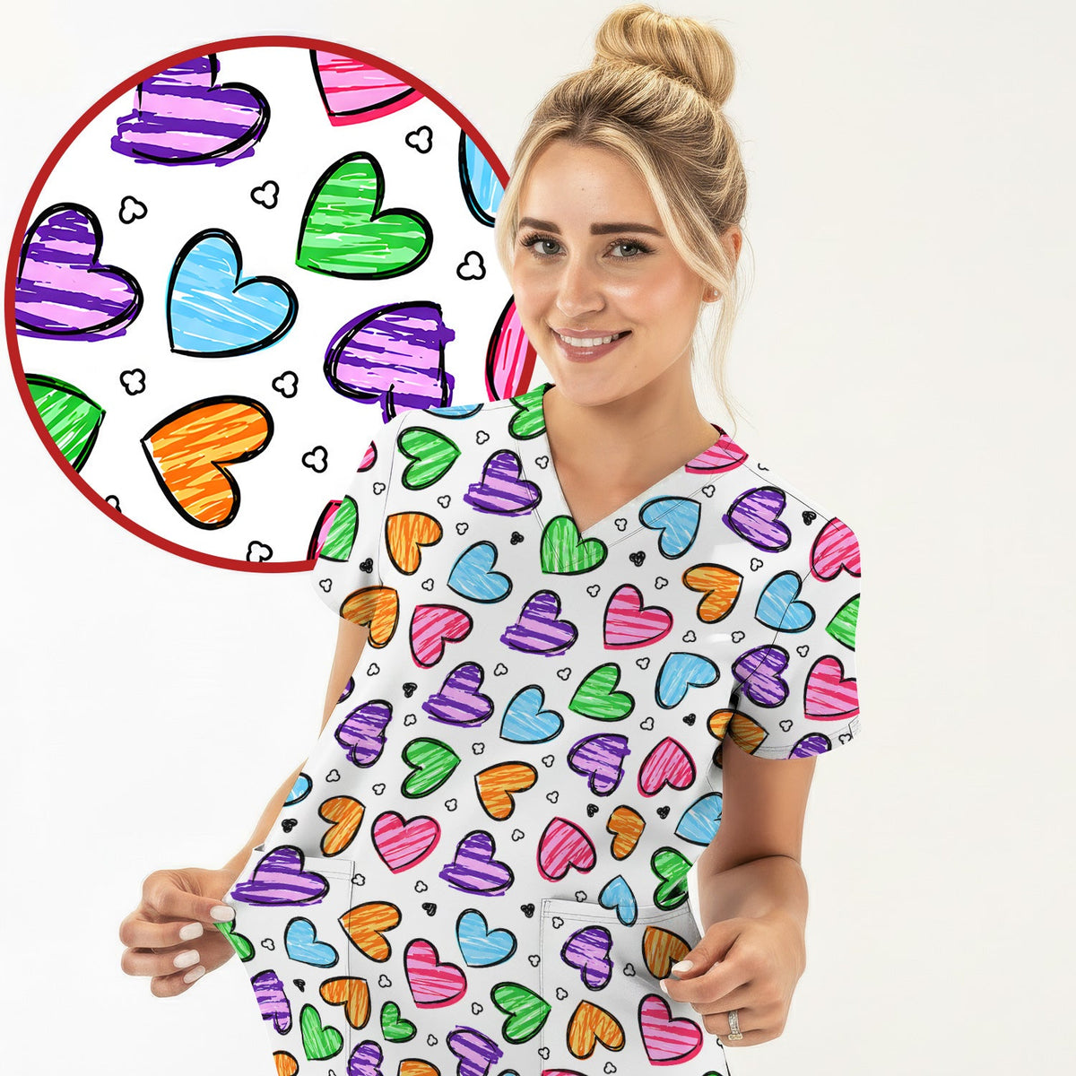 Colorful Doodle Heart Nurse Scrub Top