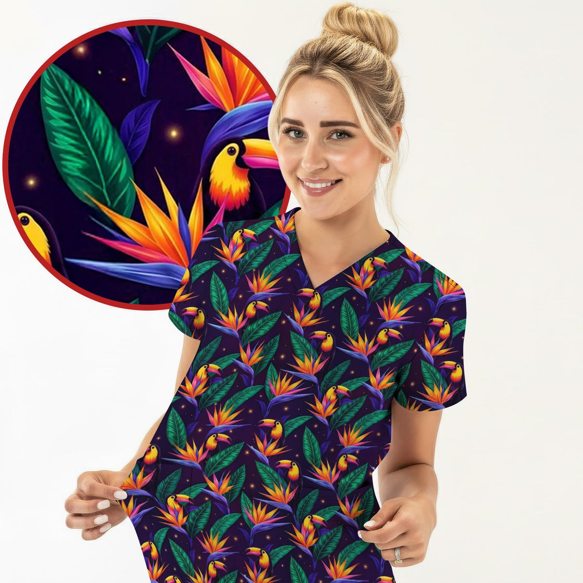 Tropical Toucan Paradise Leaves Nurse Scrub Top