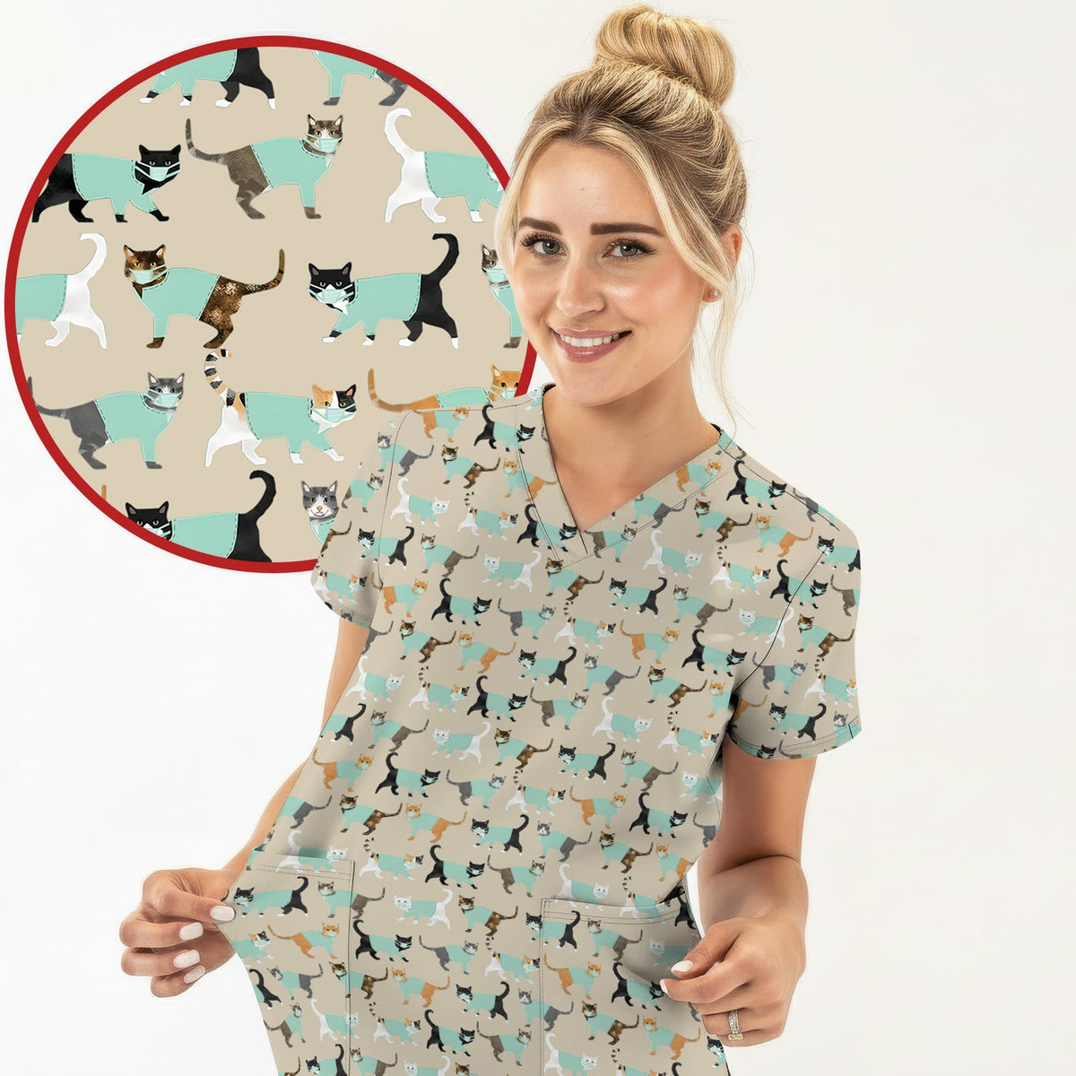 Playful Cat Nurse All Over Print Scrub Top, Comfortable Scrubs for Nurses