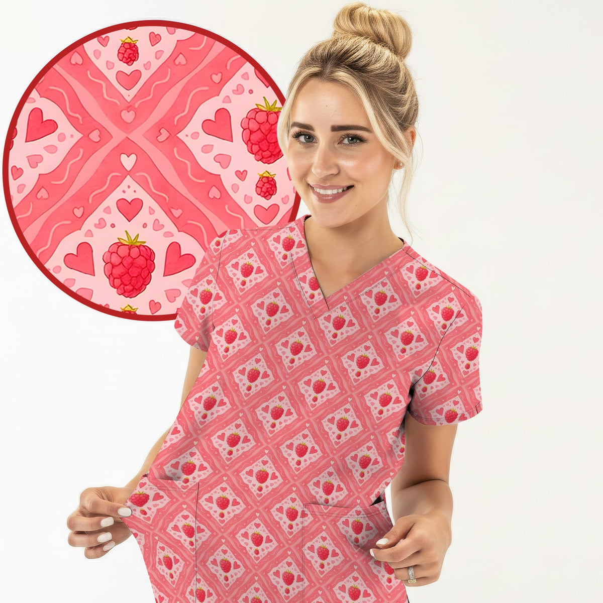 Raspberry Heart Diamond Nurse Scrub Top