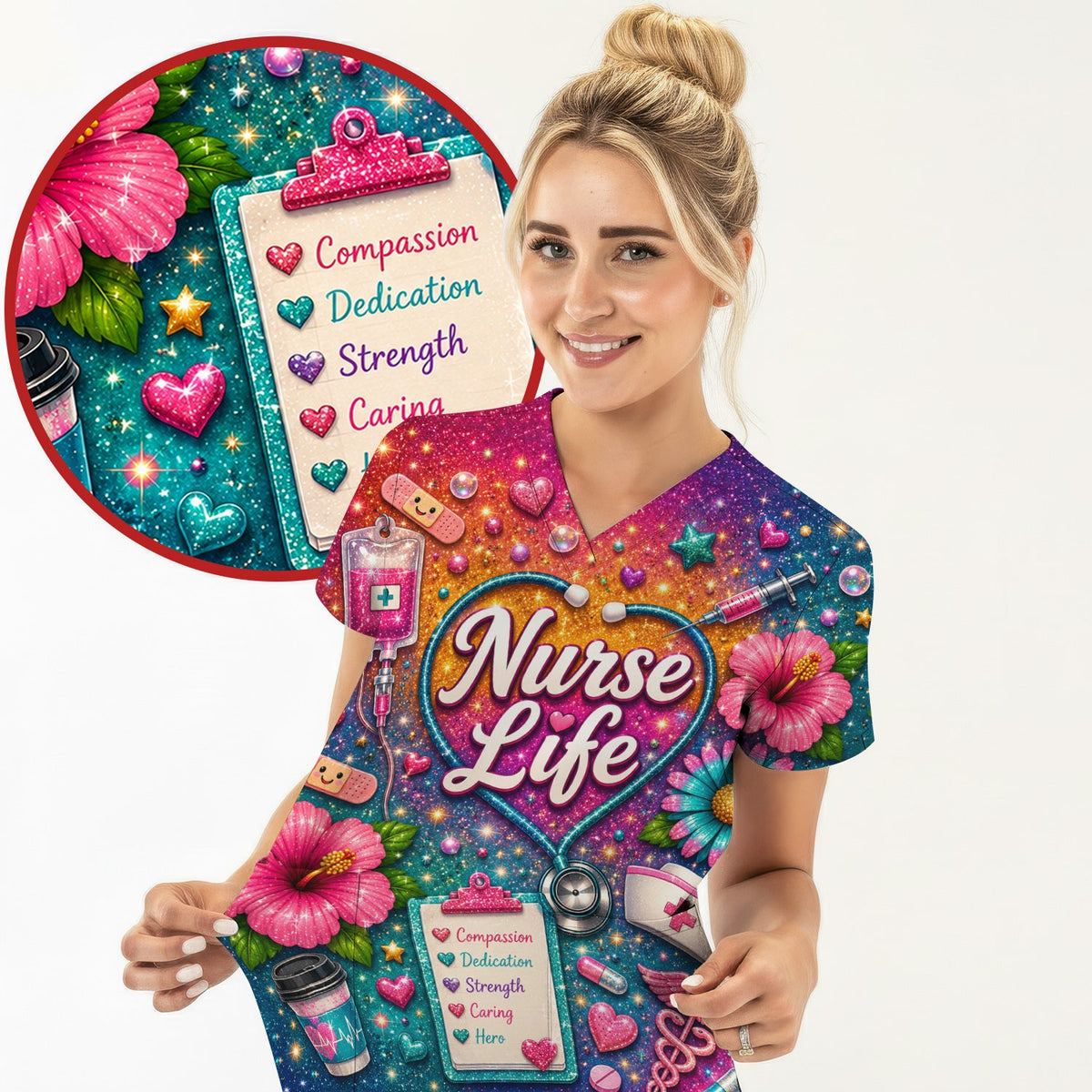Colorful Nurse Life Heart Scrub Top